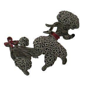 Vintage Gerry’s Poodle Brooch Pin Silver-Tone With Red Accents